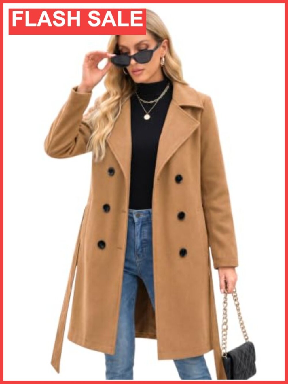 Faux Wool Double-Breasted Trench Coat Belted Notch Lapel Winter